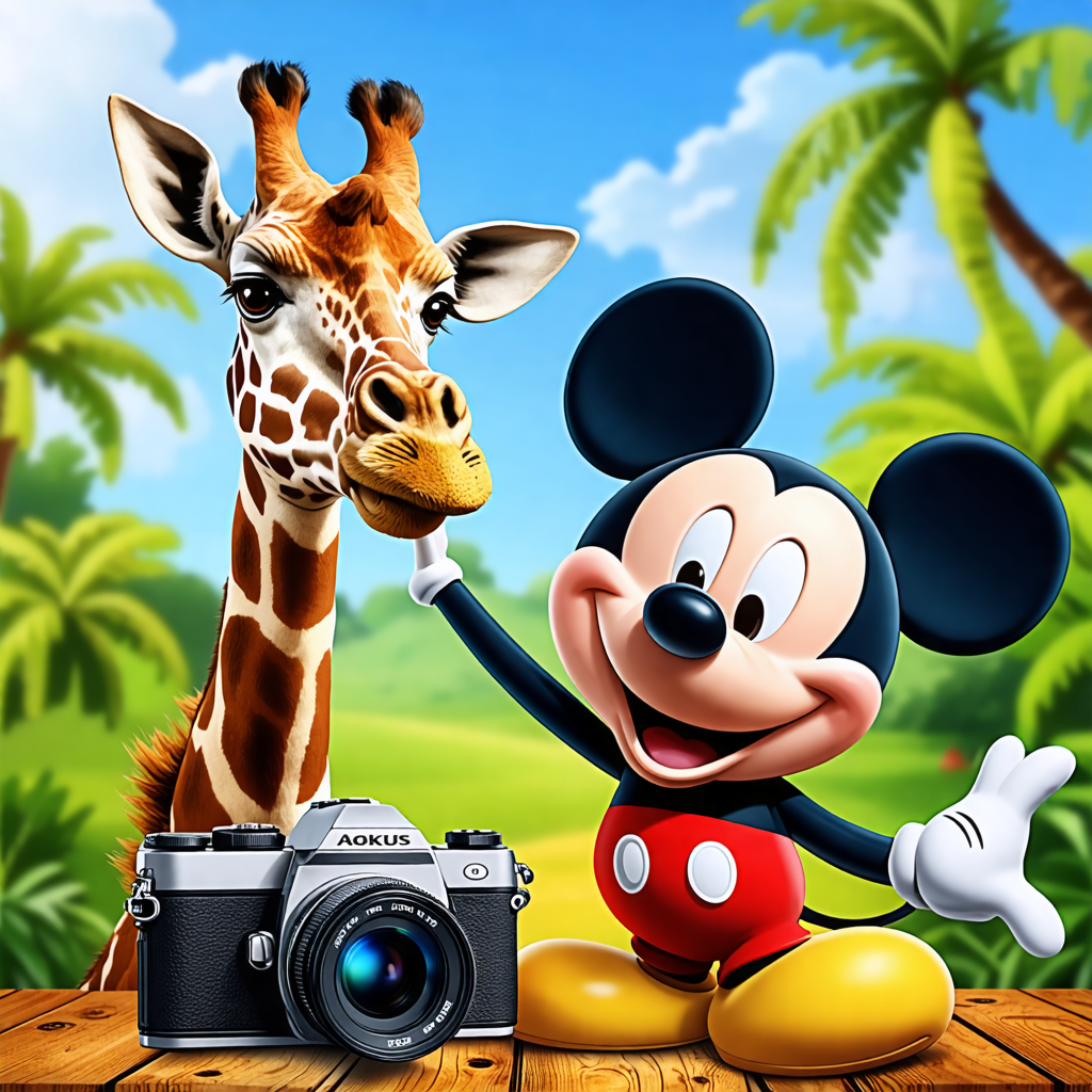 giraffe, camera, mickey mouse